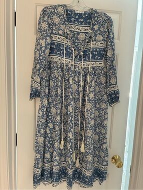 Blue Floral Long Sleeve Midi Dress with Tassel Ties